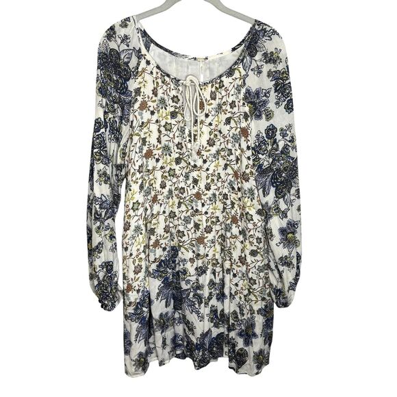 Free People Dress Womens Medium Blue White Floral Boho Peasant Long Sleeve Mini - Picture 2 of 7